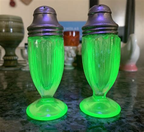 Vintage Green Glass Salt And Pepper Shakers FOR SALE. . Uranium glass salt and pepper shakers